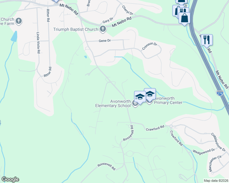 map of restaurants, bars, coffee shops, grocery stores, and more near 1415 Roosevelt Rd in Pittsburgh