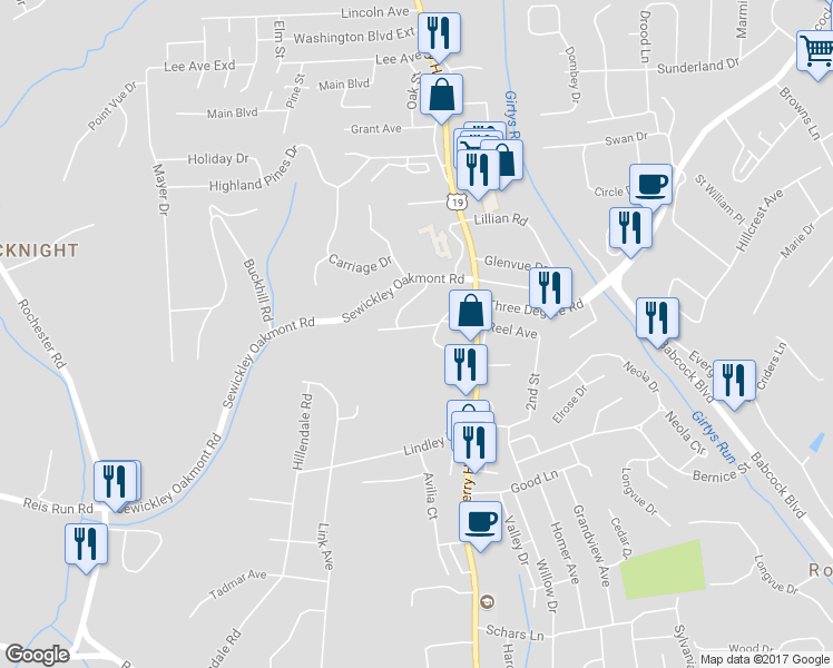 map of restaurants, bars, coffee shops, grocery stores, and more near 106 Richard Drive in Pittsburgh