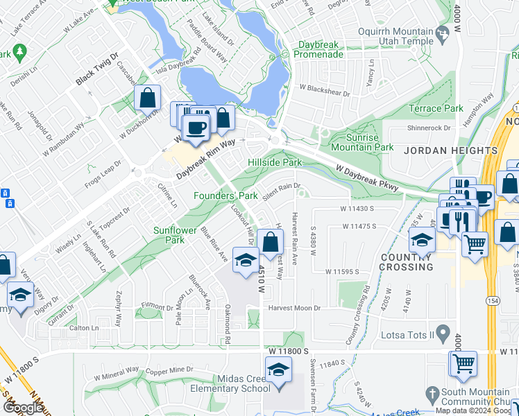 map of restaurants, bars, coffee shops, grocery stores, and more near 4517 Silent Rain Drive in South Jordan