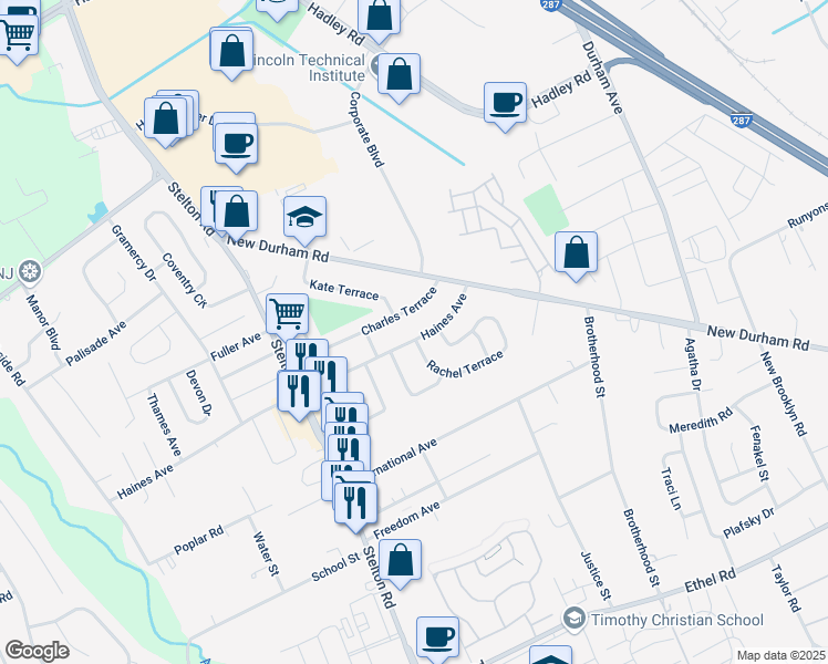 map of restaurants, bars, coffee shops, grocery stores, and more near 18 Haines Avenue in Piscataway