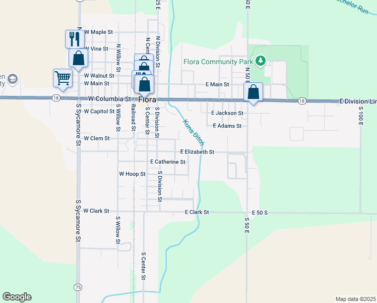 map of restaurants, bars, coffee shops, grocery stores, and more near 301 East Elizabeth Street in Flora
