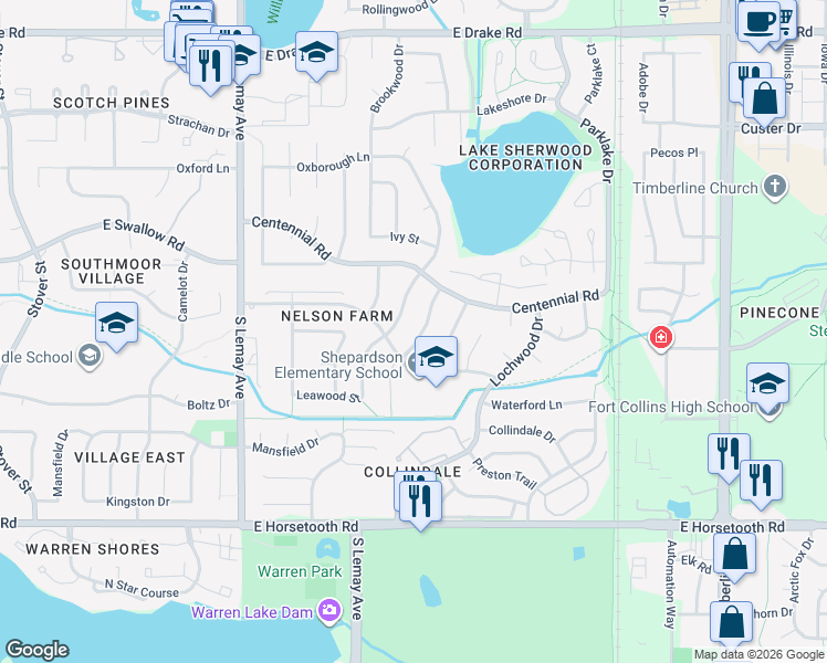 map of restaurants, bars, coffee shops, grocery stores, and more near 3242 Pepperwood Lane in Fort Collins