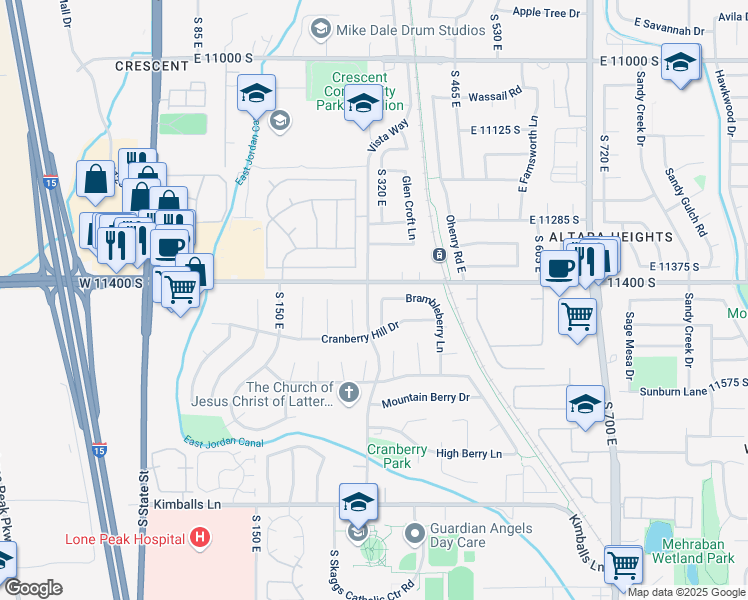 map of restaurants, bars, coffee shops, grocery stores, and more near 11441 Cranberry Hill Court in Draper