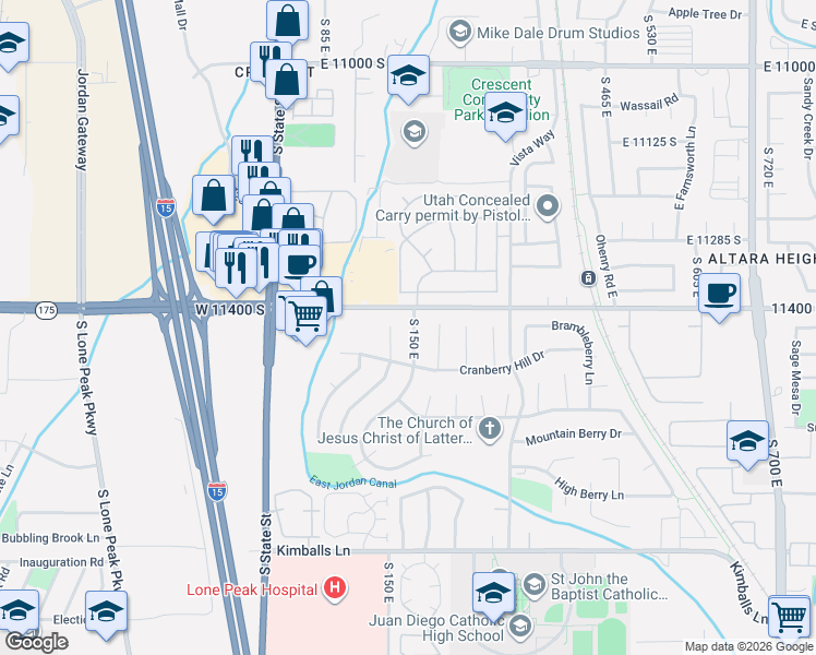map of restaurants, bars, coffee shops, grocery stores, and more near 11448 Raspberry Court East in Draper