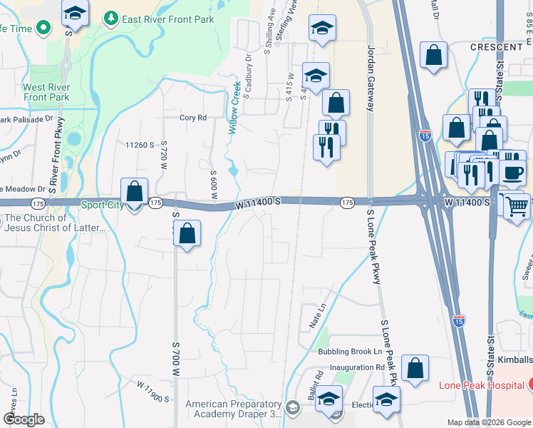 map of restaurants, bars, coffee shops, grocery stores, and more near 445 West 11400 South in Draper
