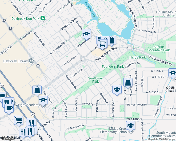 map of restaurants, bars, coffee shops, grocery stores, and more near 11461 Open View Lane in South Jordan