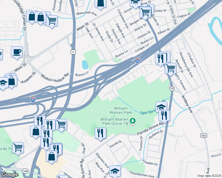 map of restaurants, bars, coffee shops, grocery stores, and more near 1012 Cricket Lane in Woodbridge Township