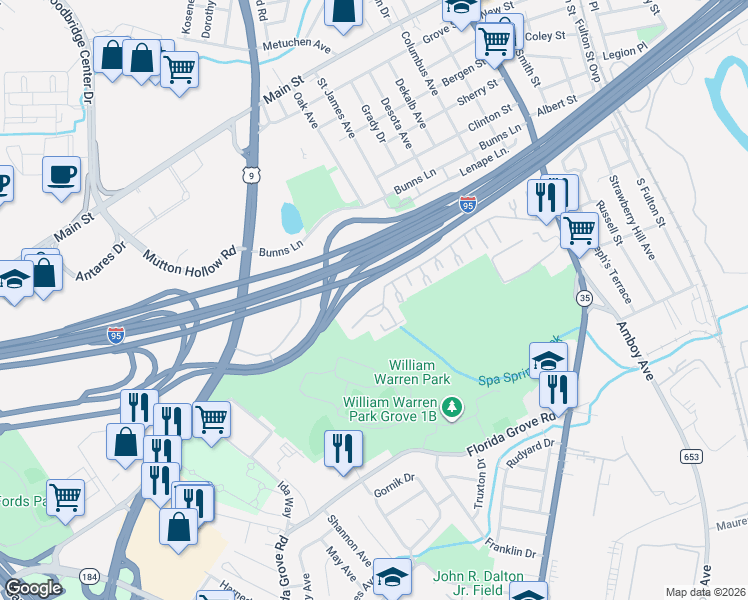 map of restaurants, bars, coffee shops, grocery stores, and more near 1012 Cricket Lane in Woodbridge Township