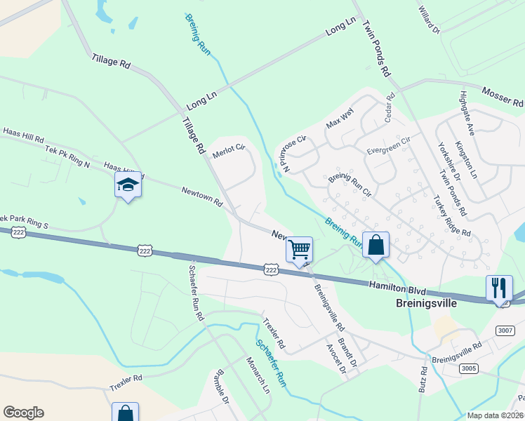 map of restaurants, bars, coffee shops, grocery stores, and more near 9323 Newtown Road in Breinigsville