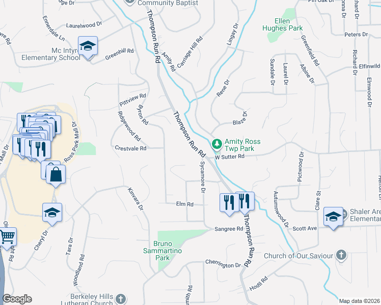 map of restaurants, bars, coffee shops, grocery stores, and more near 681 Thompson Run Road in Pittsburgh