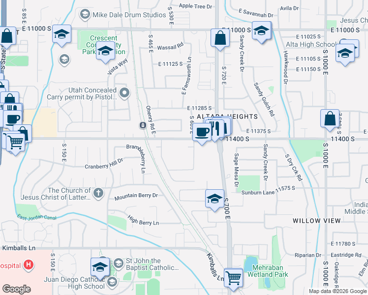 map of restaurants, bars, coffee shops, grocery stores, and more near 584 East Camden Pointe Cove in Draper