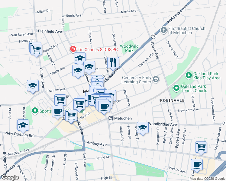 map of restaurants, bars, coffee shops, grocery stores, and more near 15 Washington Place in Metuchen