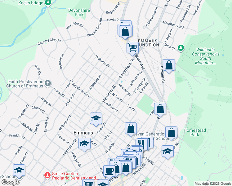 map of restaurants, bars, coffee shops, grocery stores, and more near 419 North 1st Street in Emmaus