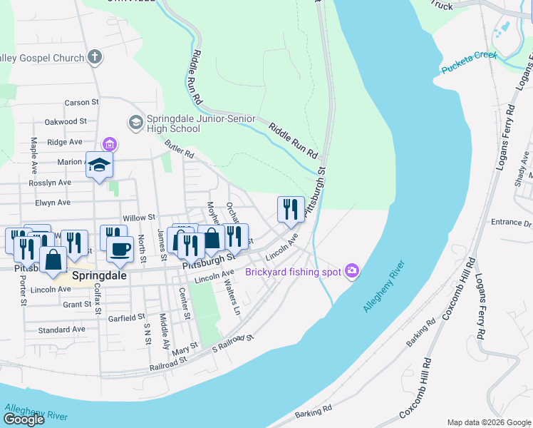 map of restaurants, bars, coffee shops, grocery stores, and more near 347 Butler Street in Springdale