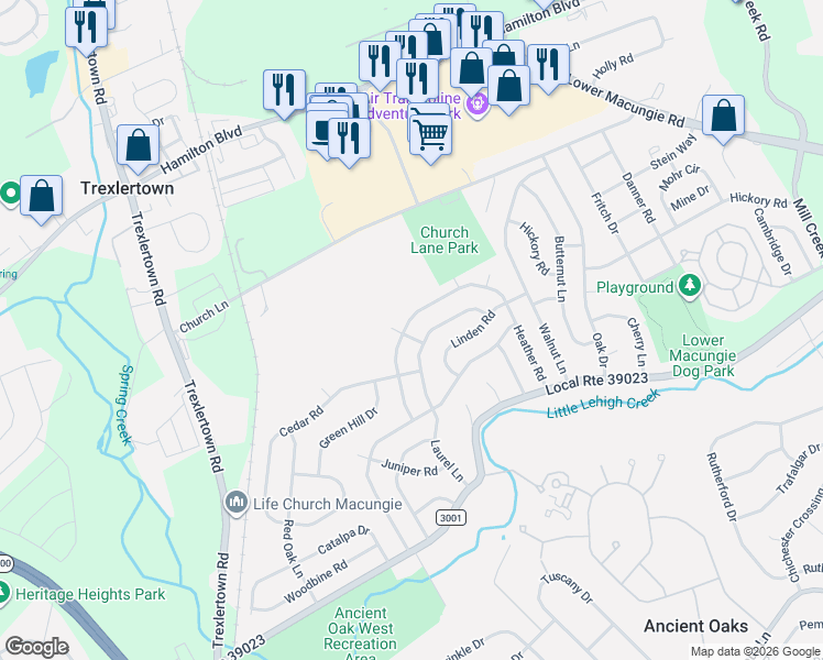 map of restaurants, bars, coffee shops, grocery stores, and more near 7201 Heather Road in Macungie