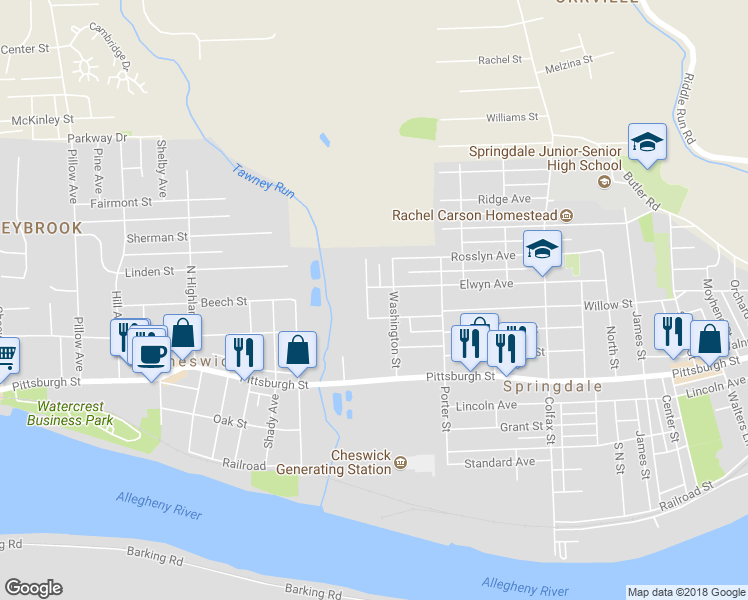 map of restaurants, bars, coffee shops, grocery stores, and more near 420 Bechman Street in Springdale
