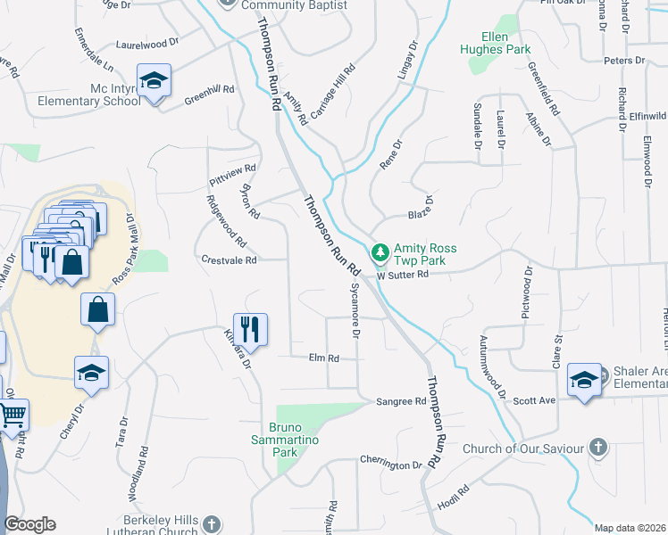 map of restaurants, bars, coffee shops, grocery stores, and more near 681 Thompson Run Rd in Pittsburgh