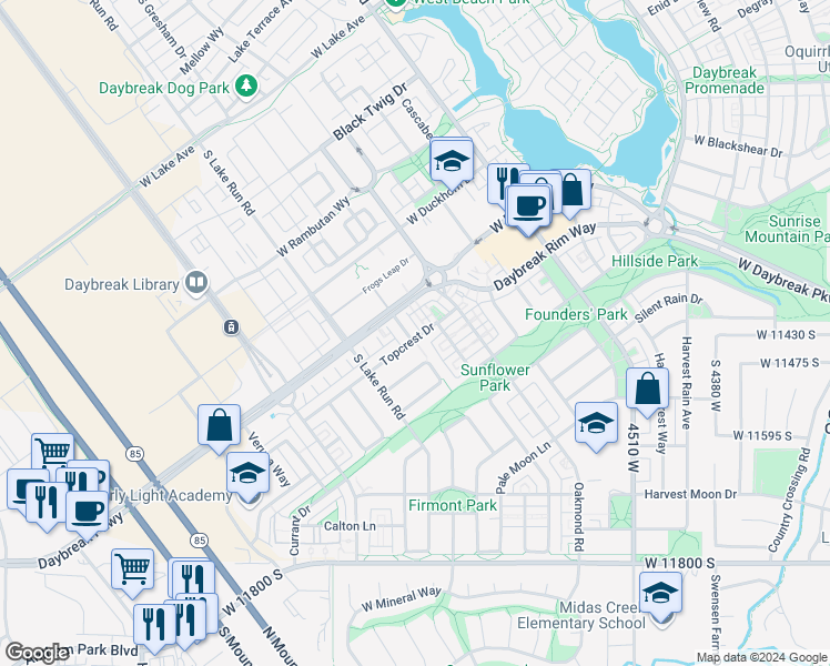 map of restaurants, bars, coffee shops, grocery stores, and more near 11431 Lake Falls Road in South Jordan
