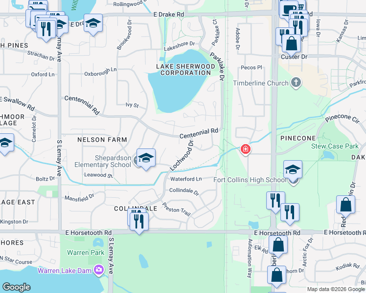 map of restaurants, bars, coffee shops, grocery stores, and more near 1701 Norwood Lane in Fort Collins