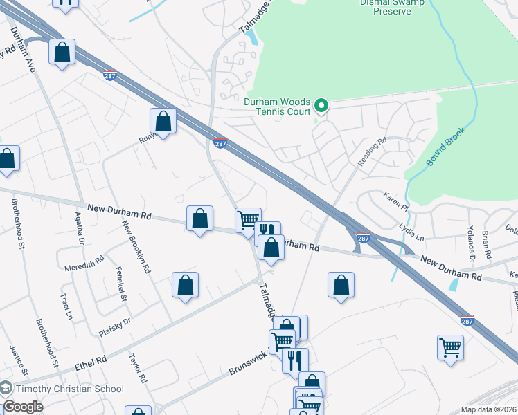 map of restaurants, bars, coffee shops, grocery stores, and more near 711 Waterford Drive in Edison