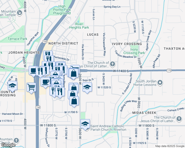map of restaurants, bars, coffee shops, grocery stores, and more near 3537 West 11400 South in South Jordan