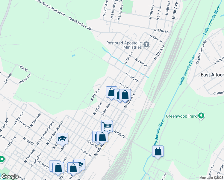 map of restaurants, bars, coffee shops, grocery stores, and more near 1020 North 7th Avenue in Altoona