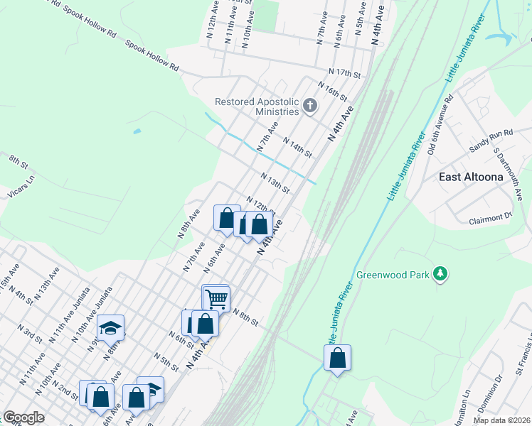 map of restaurants, bars, coffee shops, grocery stores, and more near 409 N 12th St in Altoona