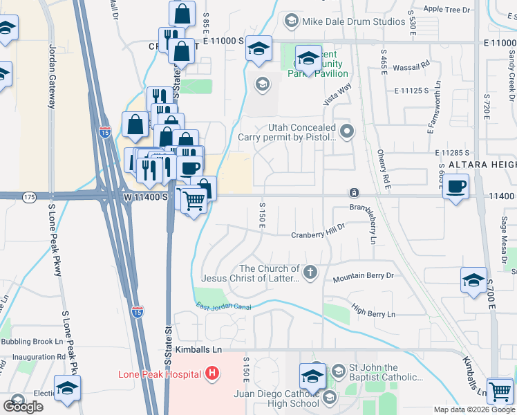 map of restaurants, bars, coffee shops, grocery stores, and more near 11423 South 150 East in Draper