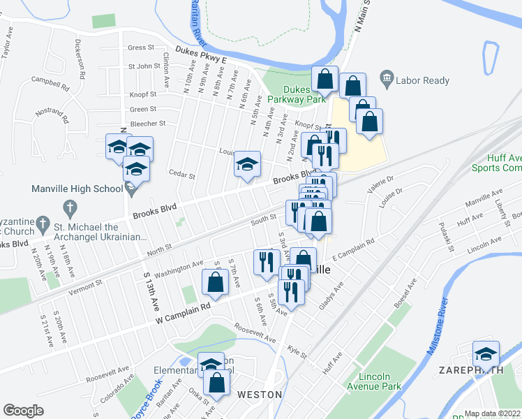 map of restaurants, bars, coffee shops, grocery stores, and more near 318 North Street in Manville