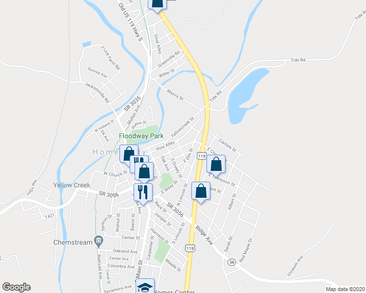 map of restaurants, bars, coffee shops, grocery stores, and more near 244 East Church Street in Homer City