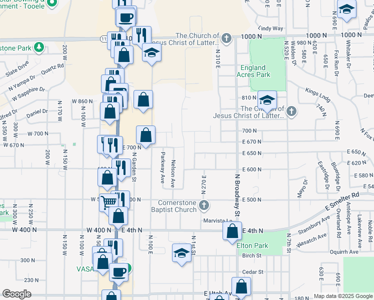 map of restaurants, bars, coffee shops, grocery stores, and more near 698 Brook Avenue East in Tooele
