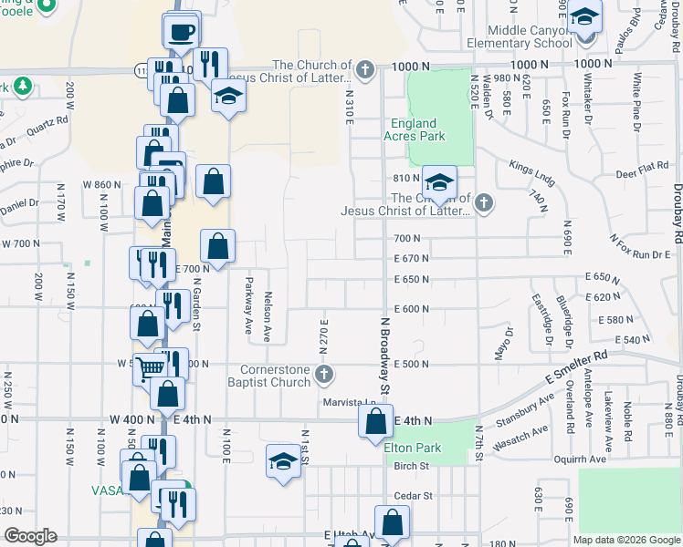map of restaurants, bars, coffee shops, grocery stores, and more near 293 Valley View Drive in Tooele