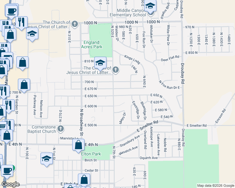 map of restaurants, bars, coffee shops, grocery stores, and more near 603 Valley View Drive in Tooele