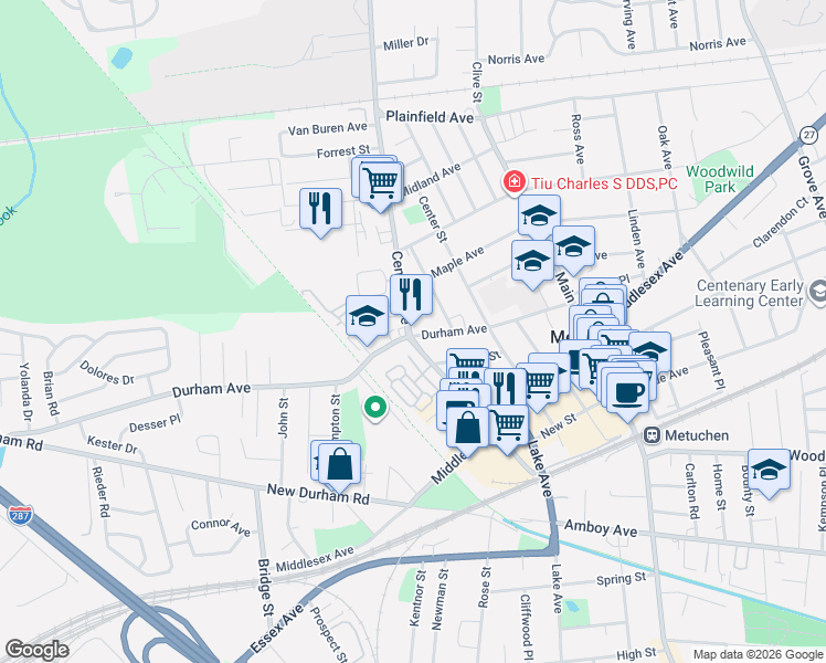 map of restaurants, bars, coffee shops, grocery stores, and more near 136 Durham Avenue in Metuchen