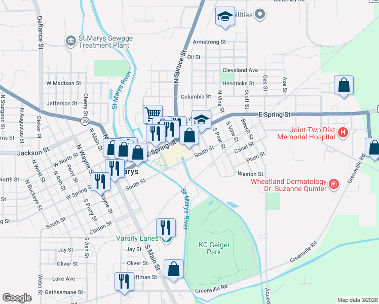 map of restaurants, bars, coffee shops, grocery stores, and more near 308 East South Street in St. Marys