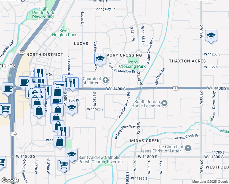 map of restaurants, bars, coffee shops, grocery stores, and more near 3312 Country Bluff Road in South Jordan