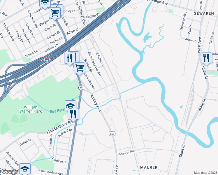 map of restaurants, bars, coffee shops, grocery stores, and more near 65 Cutters Dock Road in Woodbridge Township