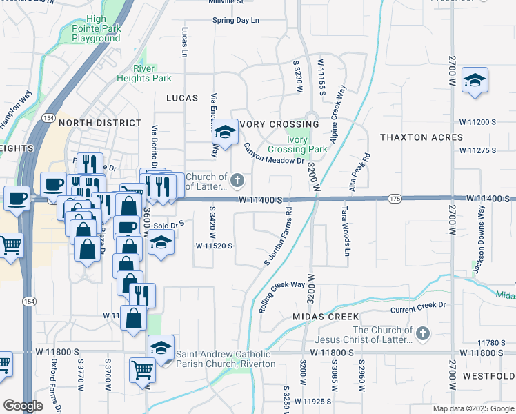 map of restaurants, bars, coffee shops, grocery stores, and more near 3312 Country Bluff Road in South Jordan