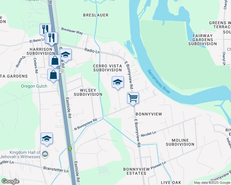 map of restaurants, bars, coffee shops, grocery stores, and more near 5080 Bidwell Road in Redding