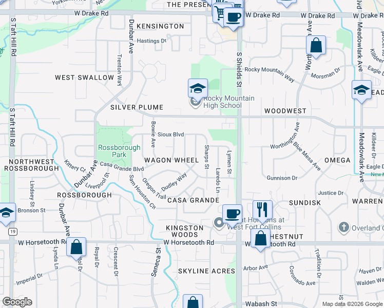 map of restaurants, bars, coffee shops, grocery stores, and more near 1312 Casa Grande Boulevard in Fort Collins