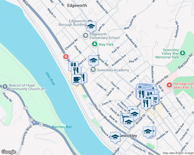 map of restaurants, bars, coffee shops, grocery stores, and more near 315 Academy Avenue in Edgeworth