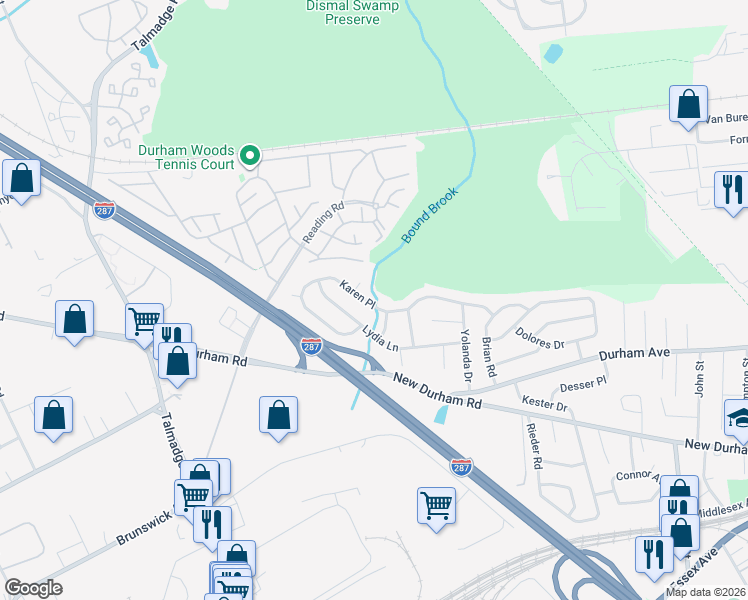 map of restaurants, bars, coffee shops, grocery stores, and more near 32 Karen Place in Edison
