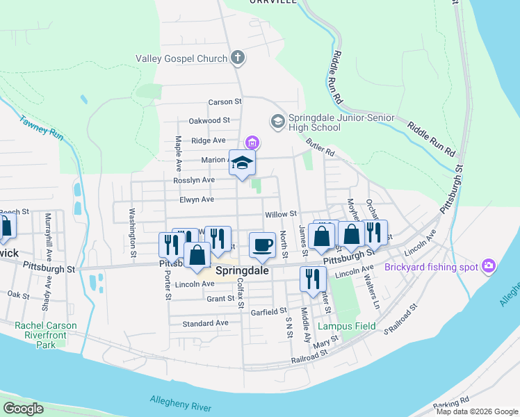 map of restaurants, bars, coffee shops, grocery stores, and more near 614 Willow Street in Springdale