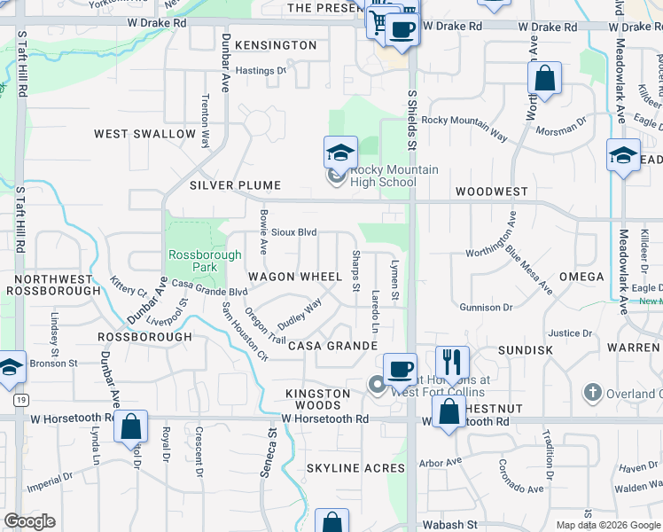 map of restaurants, bars, coffee shops, grocery stores, and more near 1312 Casa Grande Boulevard in Fort Collins
