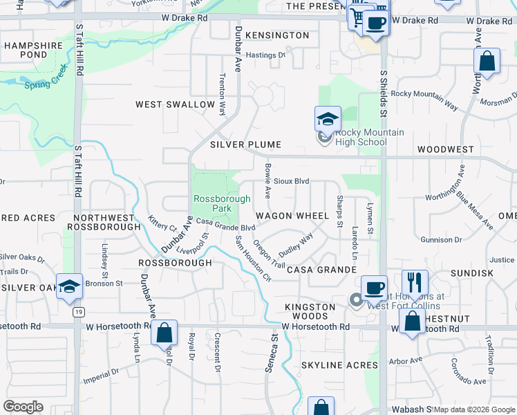 map of restaurants, bars, coffee shops, grocery stores, and more near 3213 Bowie Avenue in Fort Collins