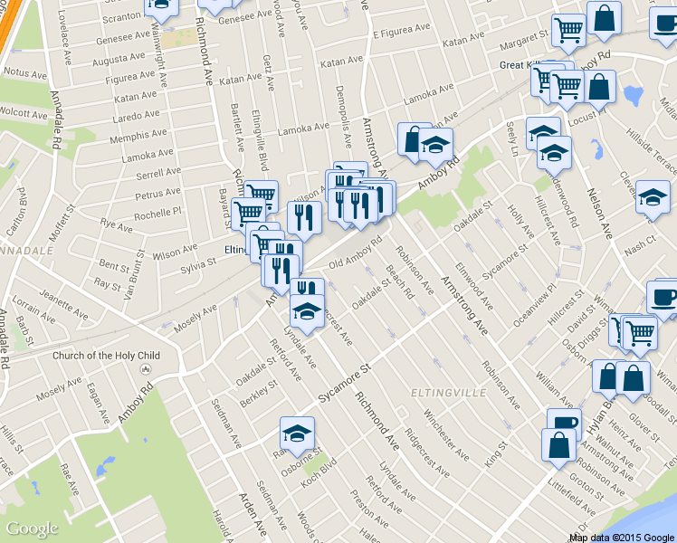 map of restaurants, bars, coffee shops, grocery stores, and more near 491 Winchester Avenue in Staten Island