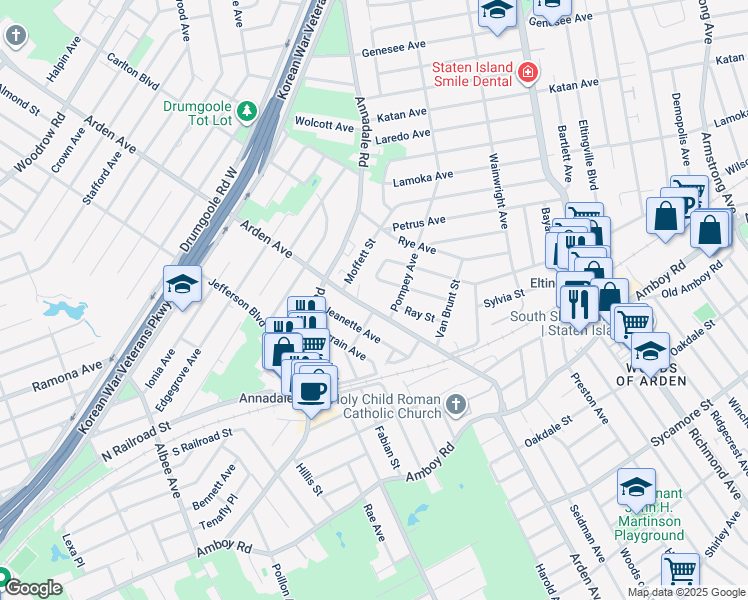 map of restaurants, bars, coffee shops, grocery stores, and more near 1052 Arden Avenue in Staten Island