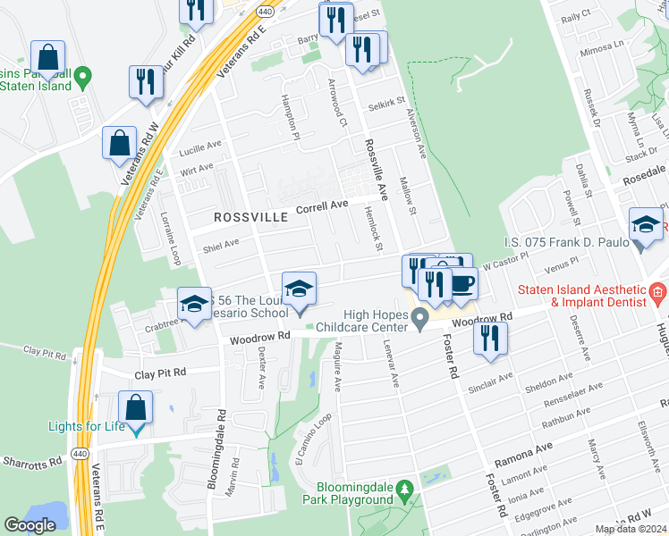 map of restaurants, bars, coffee shops, grocery stores, and more near 173 Mcbaine Avenue in Staten Island