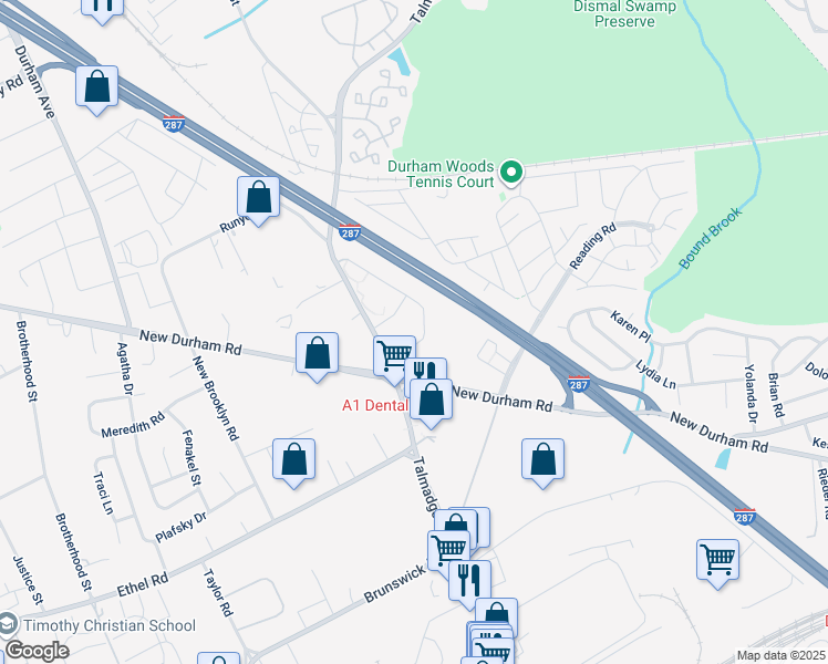 map of restaurants, bars, coffee shops, grocery stores, and more near 1238 Waterford Drive in Edison