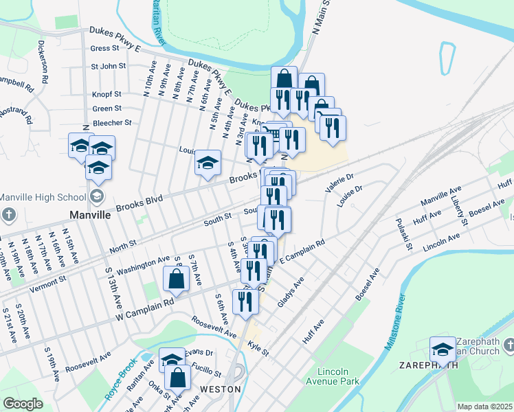 map of restaurants, bars, coffee shops, grocery stores, and more near 37 South Street in Manville